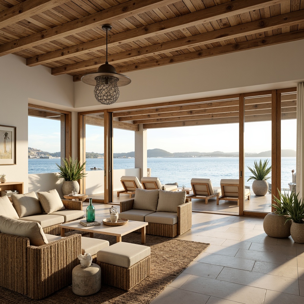 Prompt: Warm beachside villa, driftwood decor, soft blue-green glass pendant lights, rustic metal lanterns, natural linen shades, distressed wood accents, woven sea grass textures, ocean-inspired color palette, creamy whites, blues, and sandy neutrals, floor-to-ceiling windows, sliding glass doors, panoramic coastal views, warm golden hour lighting, gentle ocean breeze, 1/1 composition, soft focus, realistic reflections.