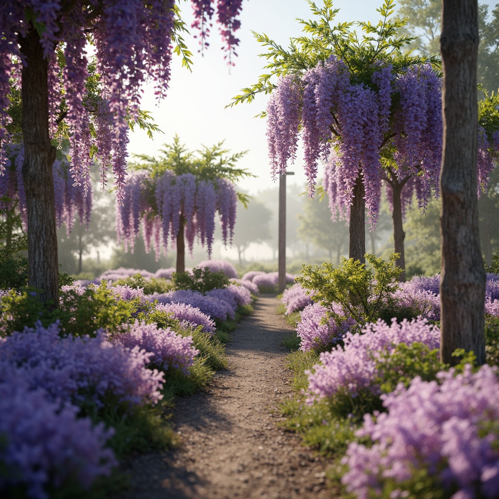 Prompt: Dreamy wisteria-inspired landscape, soft lavender fields, delicate purple flowers, whimsical trellises, rustic wooden fences, lush greenery, warm sunny day, gentle mist, romantic ambiance, vibrant colorful blooms, pastel hues, watercolor textures, ethereal lighting, shallow depth of field, 1/1 composition, intimate close-up shot, realistic soft focus, subtle film grain.