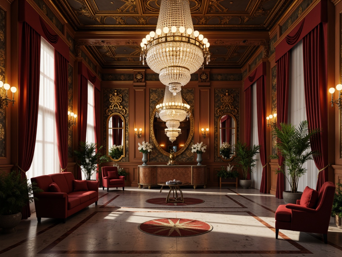 Prompt: Ornate chandeliers, grand crystal drops, golden bronze accents, intricate metalwork, velvet drapes, luxurious furniture, rich wood tones, marble floors, high ceilings, ornamental mirrors, lavish decorations, warm candlelight, soft warm glow, dramatic shadows, 1/1 composition, low-key lighting, realistic reflections, ambient occlusion.