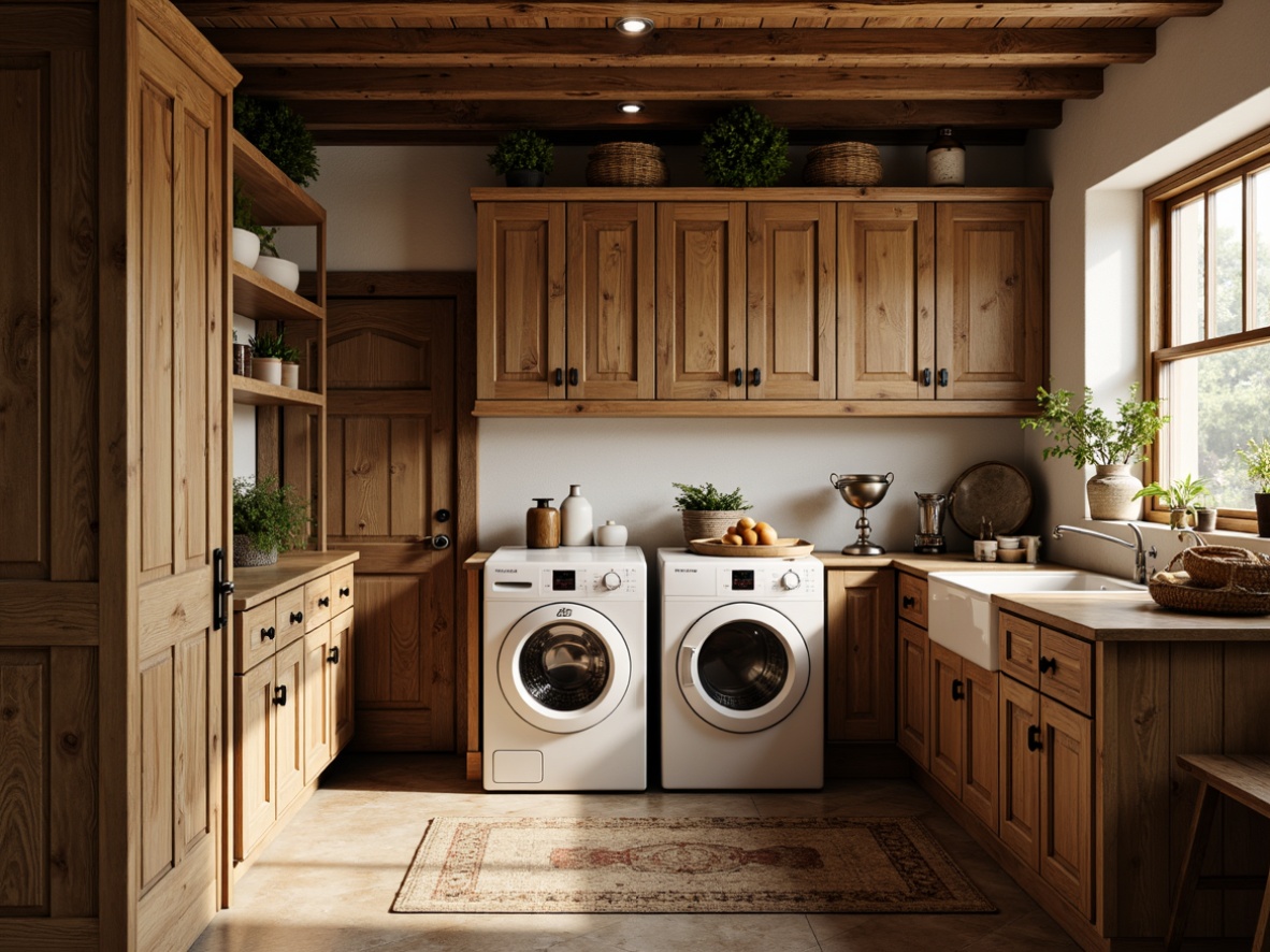 Prompt: Rustic laundry room, warm wooden cabinetry, distressed finishes, ornate metal hardware, vintage-inspired appliances, earthy color palette, natural stone countertops, woven baskets, linen fabrics, soft warm lighting, shallow depth of field, 1/1 composition, realistic textures, ambient occlusion.