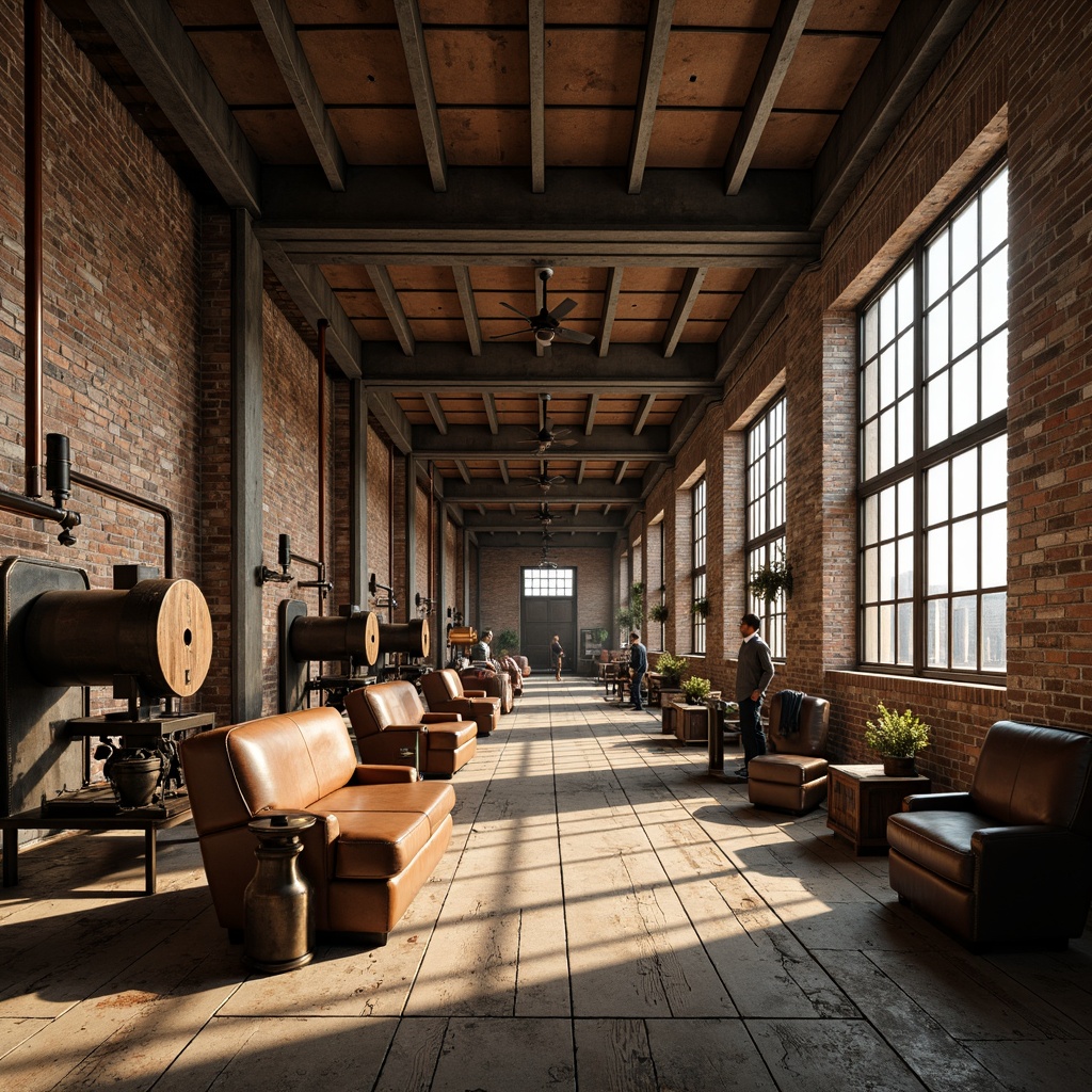 Prompt: Rustic industrial warehouse, exposed brick walls, metal beam ceilings, reclaimed wood floors, vintage factory equipment, distressed concrete textures, urban cityscape, gritty atmosphere, warm golden lighting, shallow depth of field, 1/1 composition, realistic metallic reflections, ambient occlusion, old machinery parts, copper pipes, worn leather furniture, minimalist decor, functional simplicity.