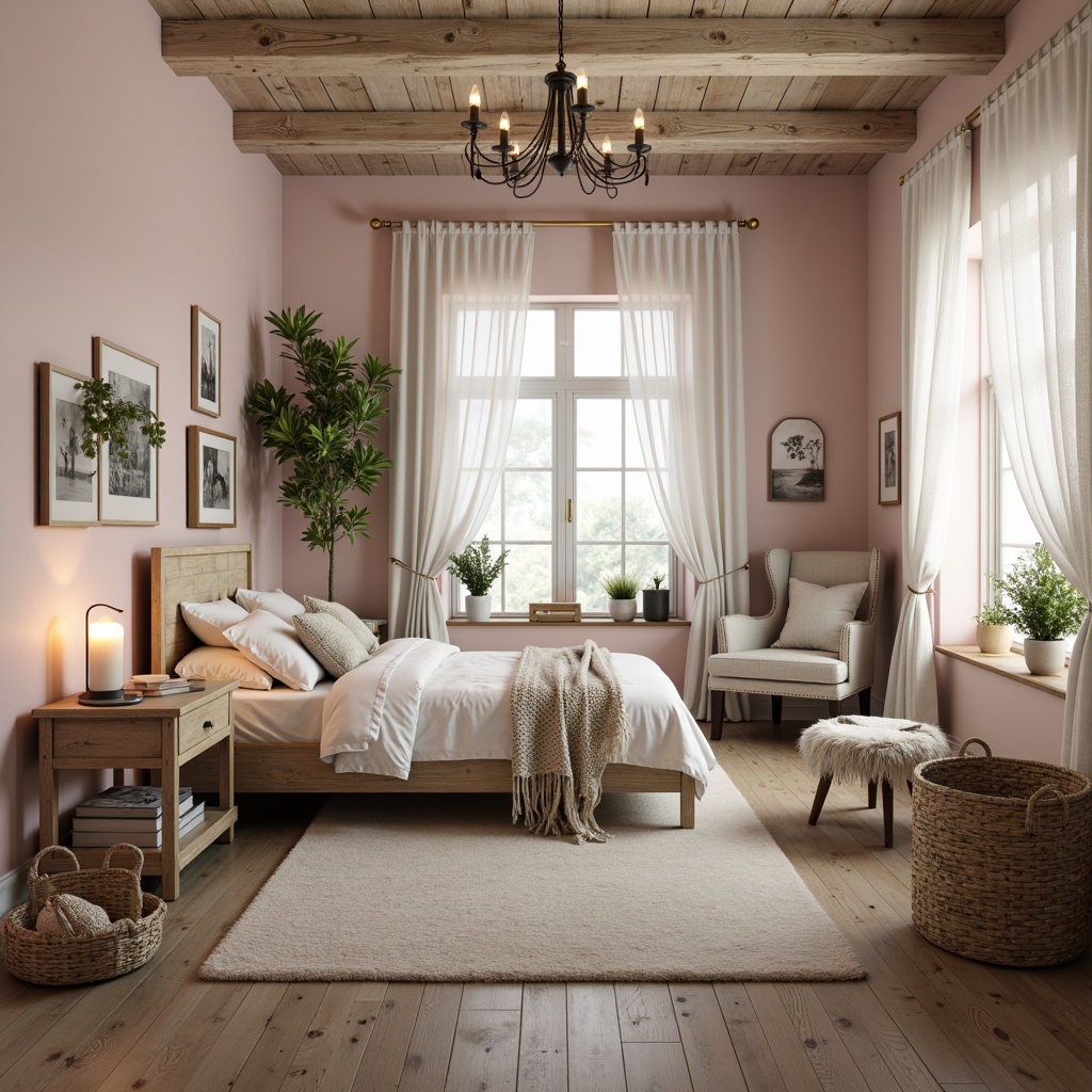 Prompt: Soft, calming bedroom, distressed wood furniture, vintage decor, pastel color palette, pale pink walls, creamy white accents, muted sage greenery, delicate lace curtains, plush area rugs, comfortable reading nook, warm candlelight, natural textiles, woven baskets, antique metal frames, romantic chandelier, serene ambiance, shallow depth of field, 1/1 composition, softbox lighting, realistic textures.