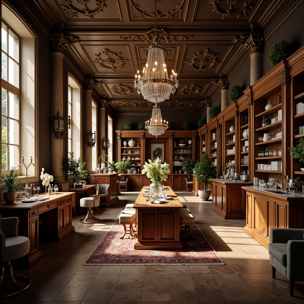 Prompt: Elegant laboratory furniture, neoclassical ornate details, rich wood tones, luxurious velvet upholstery, polished metal accents, sophisticated glassware, refined ceramic elements, ornamental columns, high ceilings, grand chandeliers, soft warm lighting, shallow depth of field, 1/1 composition, symmetrical framing, realistic textures, ambient occlusion.