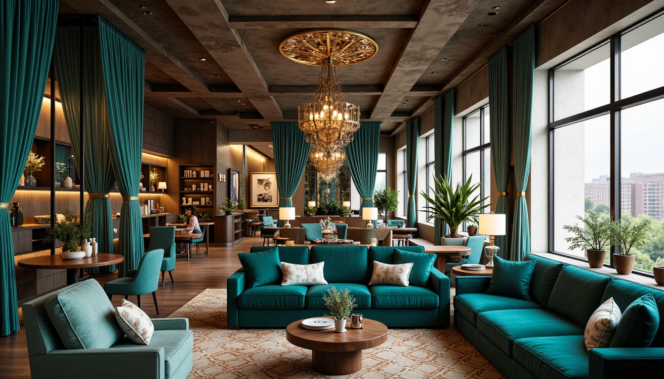 Prompt: Vibrant teal accents, luxurious velvet furniture, rich wood tones, metallic gold hardware, ornate mirrors, lavish chandeliers, opulent drapery, sophisticated urban loft, high ceilings, large windows, natural light pouring in, soft warm glow, 1/1 composition, shallow depth of field, realistic textures, ambient occlusion.