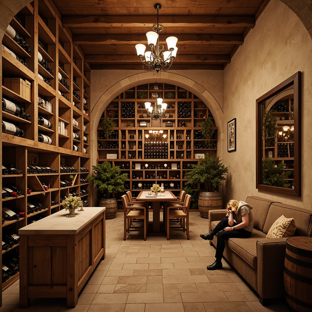 Prompt: Rustic wine cellar, distressed wooden shelves, vintage metal brackets, ornate wooden wine crates, soft warm lighting, earthy tone walls, aged stone floors, curved archways, elegant chandeliers, luxurious velvet drapes, rich wood tones, antique wine barrels, decorative ironwork, classic label displays, intimate seating areas, cozy nooks, natural stone accents, warm beige colors, soft focus photography, 1/2 composition, romantic ambiance.