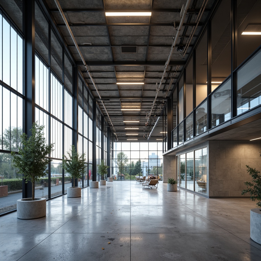 Prompt: Industrial warehouse interior, polished concrete floors, exposed metal beams, minimalist decor, sleek glass features, transparent walls, reflective surfaces, modern streamline moderne style, open floor plan, high ceilings, industrial lighting fixtures, urban loft atmosphere, natural daylight, soft diffused light, shallow depth of field, 3/4 composition, realistic textures, ambient occlusion.