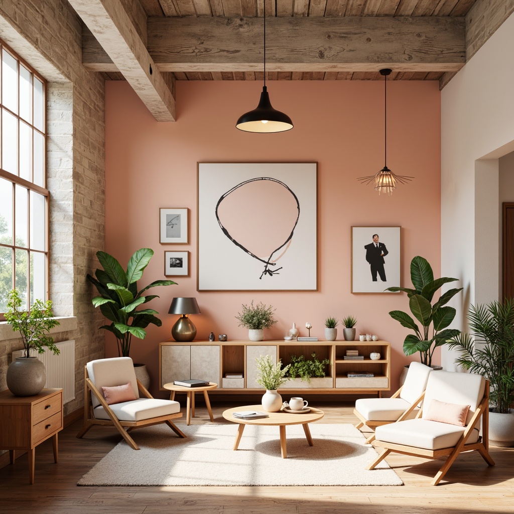 Prompt: Vibrant design studio, modern minimalist aesthetic, pastel color scheme, soft peach tones, creamy whites, rich charcoal accents, bold typography, clean lines, geometric shapes, natural textures, wooden furniture, industrial-chic decor, urban loft atmosphere, warm afternoon lighting, high contrast ratio, 2/3 composition, cinematic depth of field.