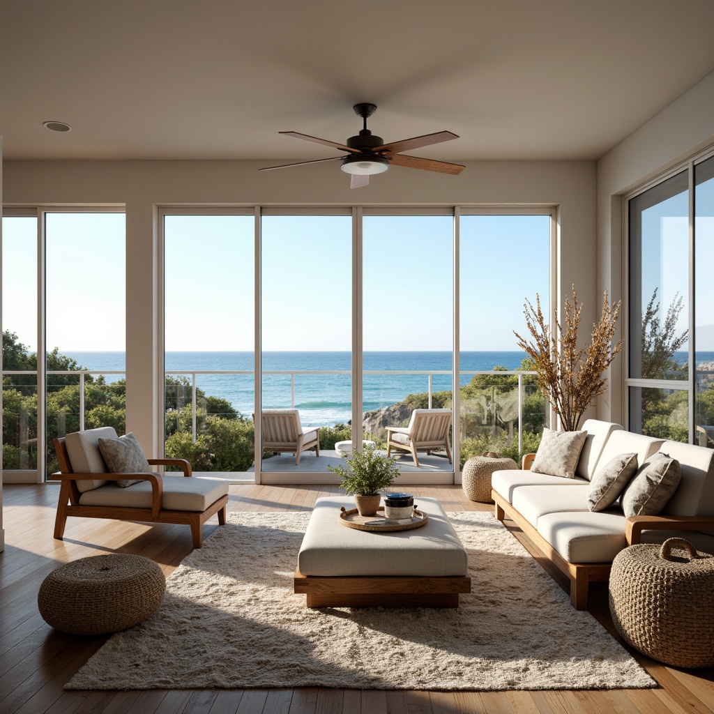 Prompt: \Coastal living room, large windows, sliding glass doors, ocean views, natural light, airy atmosphere, beachy vibe, driftwood accents, sea-salt color palette, textured rugs, woven furniture, nautical decor, coral-inspired patterns, soft warm lighting, shallow depth of field, 3/4 composition, panoramic view, realistic textures, ambient occlusion.\Let me know if this meets your expectations!