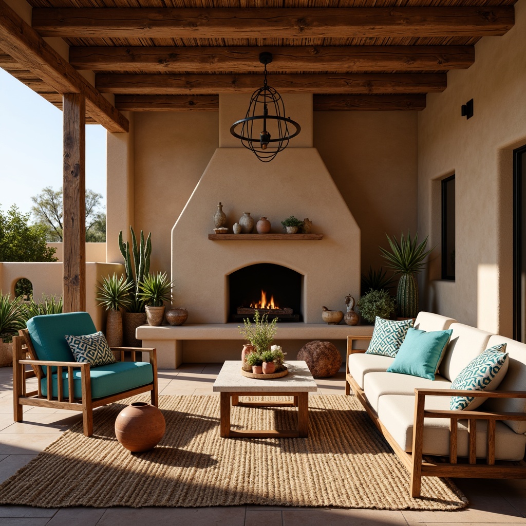 Prompt: Southwestern-inspired living room, earthy color palette, rustic wooden furniture, woven textiles, vibrant turquoise accents, natural fiber rugs, geometric patterned throw pillows, adobe-style architecture, kiva fireplaces, wrought iron lighting fixtures, terracotta pottery, desert botanicals, cacti, succulents, warm ambient lighting, shallow depth of field, 2/3 composition, realistic textures, soft focus blur.