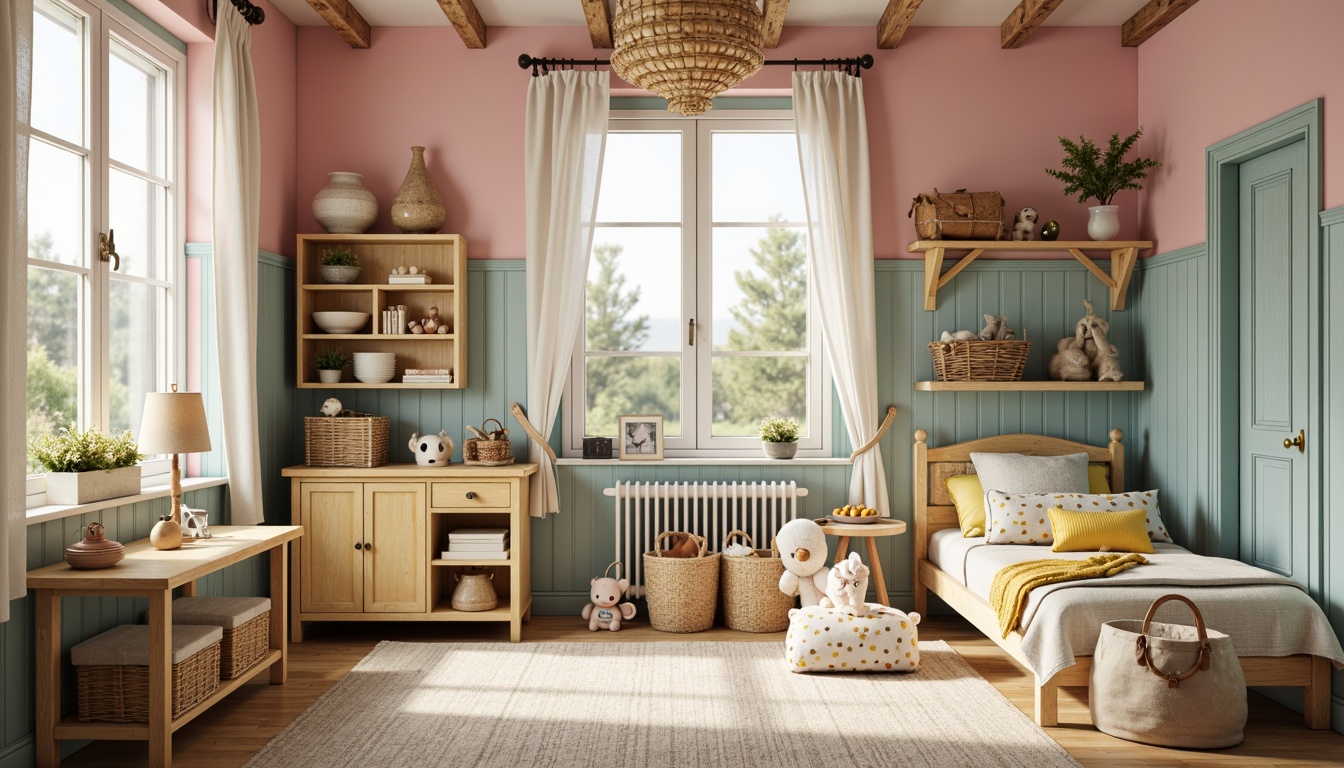 Prompt: Whimsical kids' room, vernacular style, wooden furniture, distressed finishes, vintage decor, pastel colors, soft pink walls, creamy white trim, baby blue accents, yellow polka dots, playful patterns, natural textiles, woven baskets, cozy reading nooks, rustic wood shelves, earthy tones, warm golden lighting, shallow depth of field, 1/2 composition, intimate atmosphere, realistic textures, ambient occlusion.