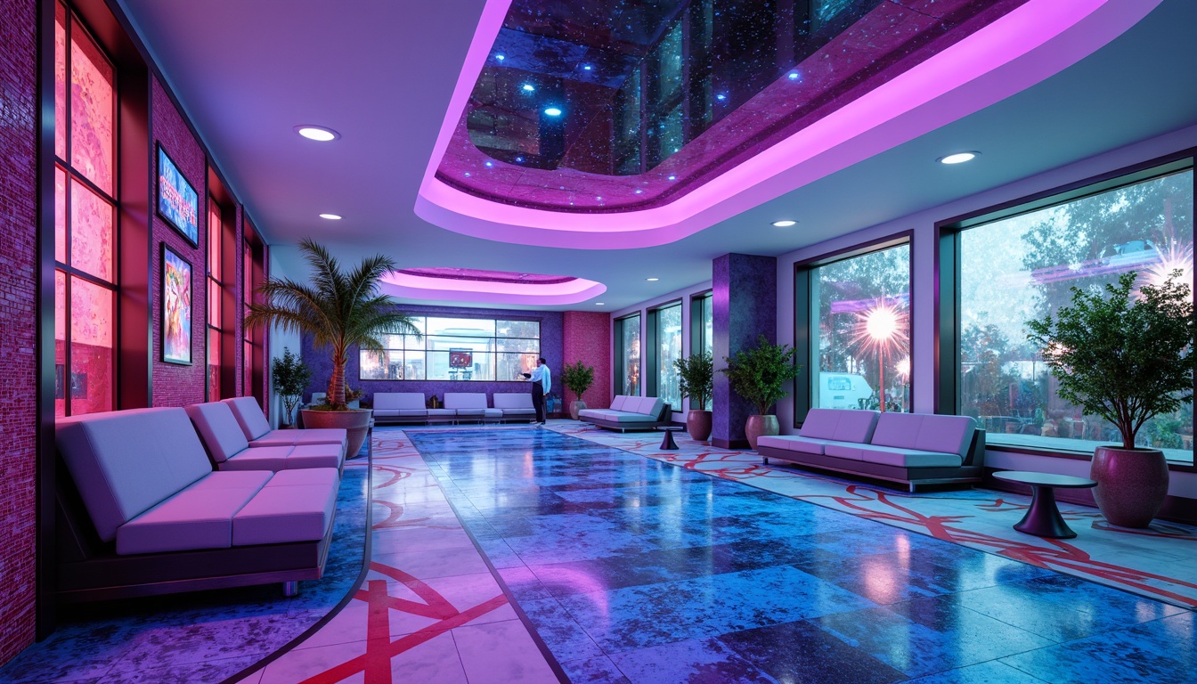 Prompt: Futuristic interior, neon-lit ambiance, iridescent hues, metallic accents, holographic patterns, luminescent floors, glowing ceiling lights, sleek minimalist furniture, curved lines, futuristic gadgets, virtual reality displays, cyberpunk-inspired decor, bold vibrant colors, electric blue, hot pink, neon green, chrome finishes, mirrored surfaces, ambient Occlusion, softbox lighting, shallow depth of field, 3/4 composition.