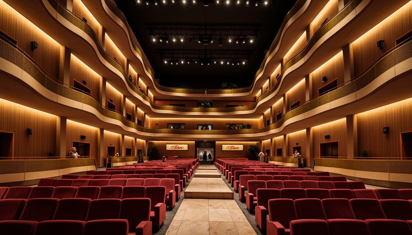 Prompt: Minimalist theater interior, Nordic aesthetic, wooden accents, warm ambient lighting, plush velvet seats, curved balconies, ornate golden details, rich wood tones, sound-absorbing materials, acoustic panels, optimized speaker placement, intimate performance space, dramatic stage design, bold color schemes, geometric patterns, natural textiles, cozy atmosphere, soft focus lighting, cinematic experience, 1/2 composition, shallow depth of field, realistic reflections.