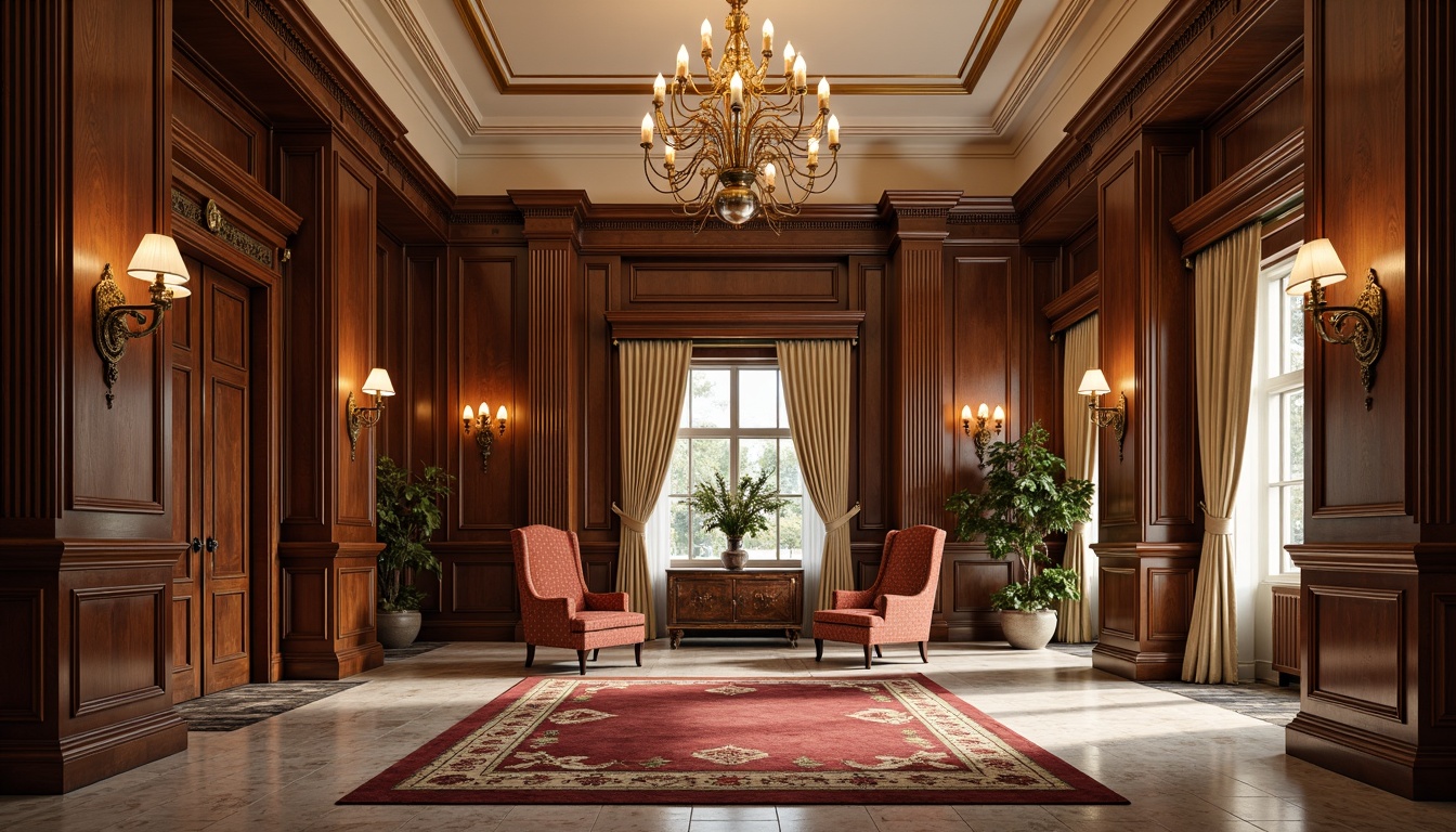 Prompt: Elegant neoclassical interior, ornate molding details, intricately carved wooden panels, polished marble floors, grand chandeliers, luxurious velvet fabrics, richly patterned rugs, symmetrical composition, soft warm lighting, shallow depth of field, 1/1 aspect ratio, realistic textures, ambient occlusion.