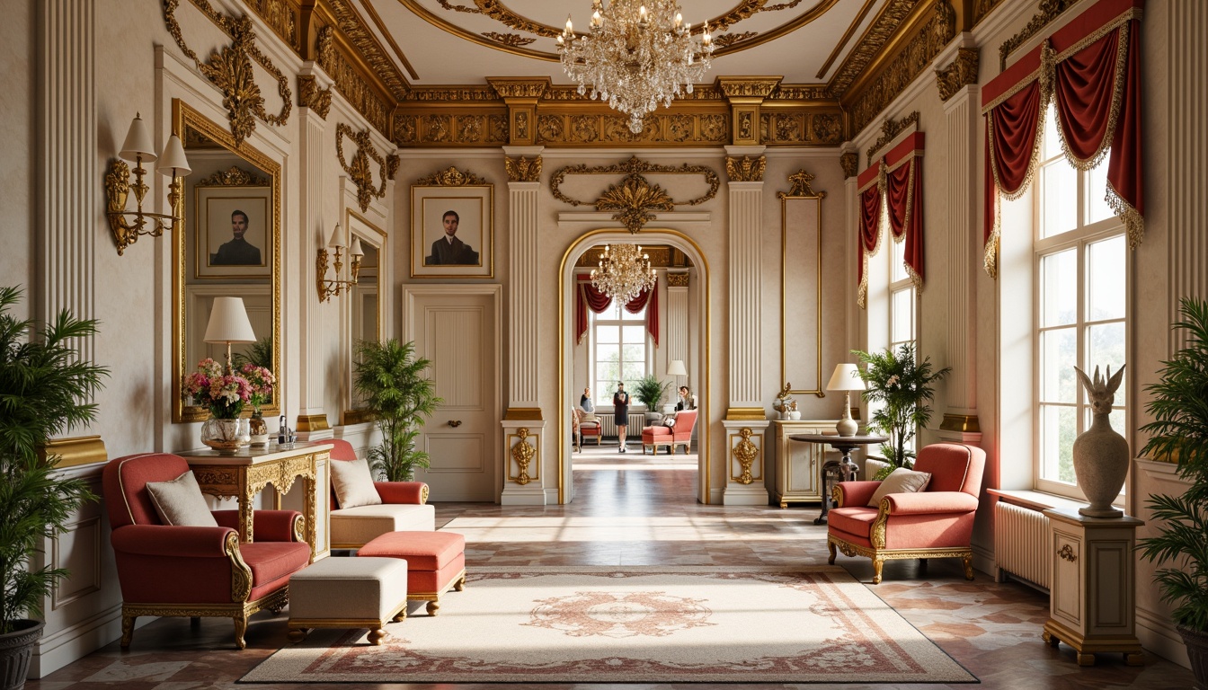 Prompt: Ornate palace interior, lavish furnishings, gilded accents, intricately patterned tiles, soft pastel colors, ornamental mirrors, curved lines, floral motifs, shell-shaped decorations, delicate lace details, luxurious velvet fabrics, sparkling crystal chandeliers, warm golden lighting, shallow depth of field, 1/1 composition, realistic textures, ambient occlusion.