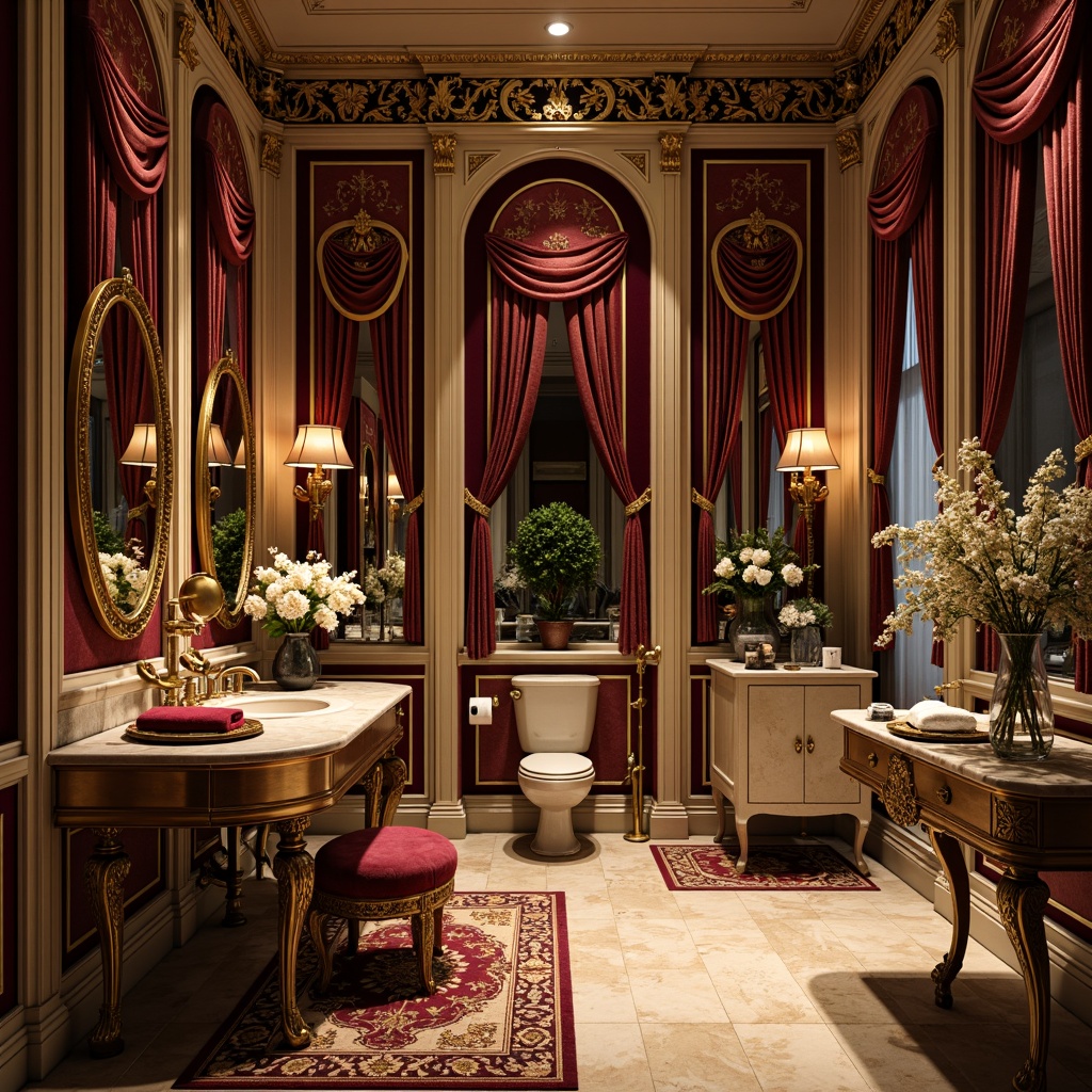 Prompt: Opulent powder room, lavish ornateness, curved lines, flowing botanical patterns, rich jewel-toned colors, velvet drapes, gilded mirrors, intricate moldings, ornate furniture, cabriole legs, shell-shaped decorations, iridescent glass mosaics, soft warm lighting, subtle shading, 1/1 composition, intimate atmosphere, luxurious textiles, plush rugs, fragrant floral arrangements, delicate ceramics, antique fixtures, warm beige marble, sophisticated ambiance.