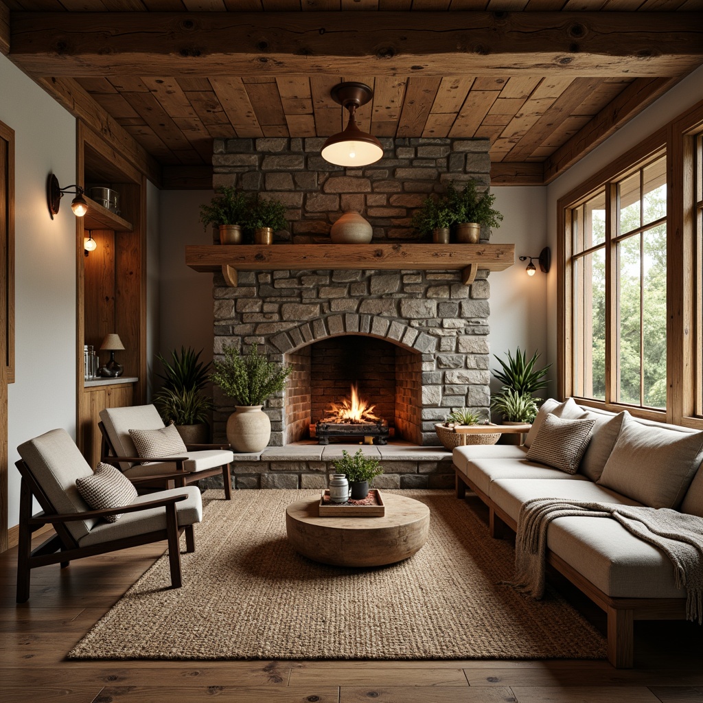 Prompt: Rustic lodge, wooden accents, natural stone walls, earthy tones, vintage furniture, distressed wood textures, woven baskets, jute rugs, linen fabrics, copper lighting fixtures, reclaimed wood beams, rough-hewn stone fireplaces, cozy nooks, plush throw blankets, warm candlelight, soft focus, shallow depth of field, 1/2 composition, rustic metal decor, natural fiber upholstery, earthy scents, crackling fireplace sounds.