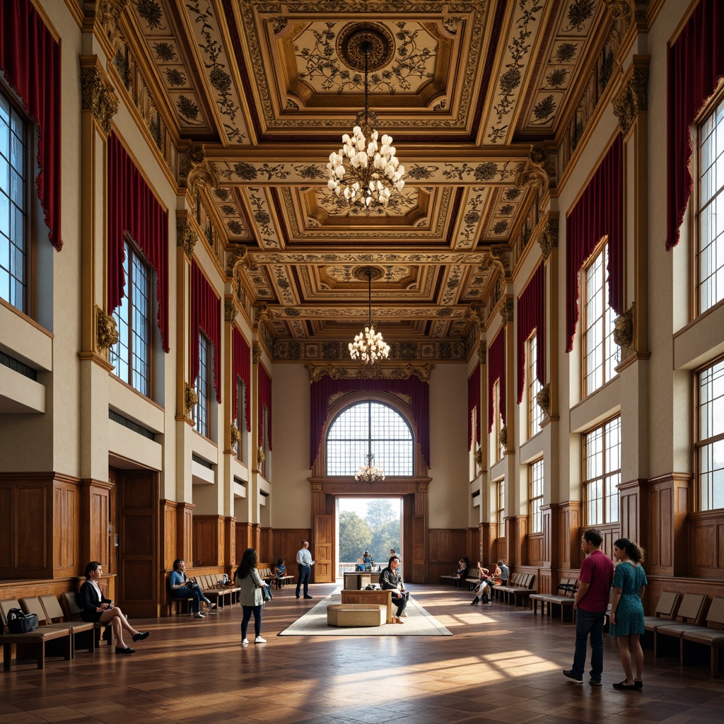 Prompt: Ornate Baroque middle school building, grandiose high ceilings, intricate plasterwork, ornamental moldings, crystal chandeliers, luxurious fabrics, rich wood paneling, stained glass windows, majestic archways, decorative columns, gilded accents, soft warm lighting, realistic textures, ambient occlusion, shallow depth of field, 3/4 composition, panoramic view.