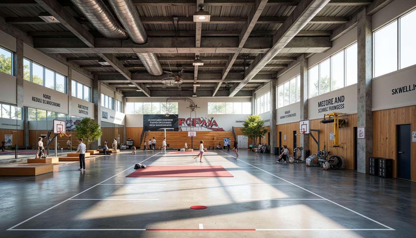 Prompt: Modern gymnasium interior, open layout design, high ceilings, exposed ductwork, polished concrete floors, mirrored walls, floor-to-ceiling windows, natural light pouring in, athletic equipment, basketball hoops, volleyball nets, exercise machines, free weights, yoga mats, wooden bleachers, sports-themed murals, motivational quotes, dynamic color scheme, energetic ambiance, shallow depth of field, 1/1 composition, realistic textures, ambient occlusion.