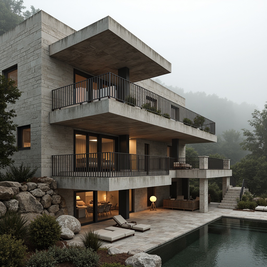 Prompt: Rugged villa exterior, brutalist architecture, rough-hewn stone walls, raw concrete textures, weathered wood accents, industrial metal railings, dramatic cantilevered roofs, angular lines, minimalist decor, muted earthy color palette, natural light pouring in, atmospheric foggy morning, soft focus photography, 1/1 composition, high-contrast lighting, realistic wear and tear, ambient occlusion.