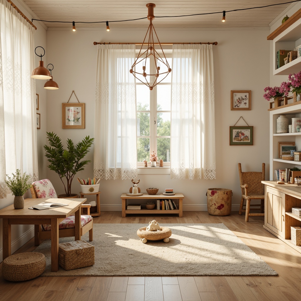 Prompt: Whimsical kindergarten setting, soft warm lighting, creamy white walls, distressed wood accents, vintage-inspired furniture, pastel color palette, lace curtains, floral patterns, rustic wooden tables, woven baskets, natural textiles, earthy tone rugs, delicate chandeliers, pendant lamps, warm beige floors, cozy reading nooks, playful artwork, gentle shadows, 1/2 composition, soft focus, warm color temperature.