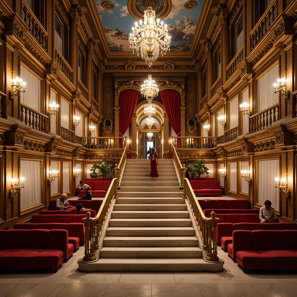 Prompt: Ornate opera house interior, grand staircase, intricately carved wooden balustrades, crystal chandeliers, gilded moldings, frescoed ceilings, marble floors, velvet drapes, luxurious red seating, ornamental mirrors, decorative columns, sculptural details, subtle lighting effects, warm golden tones, classic proportions, symmetrical composition, refined elegance, opulent textures, realistic reflections, shallow depth of field.