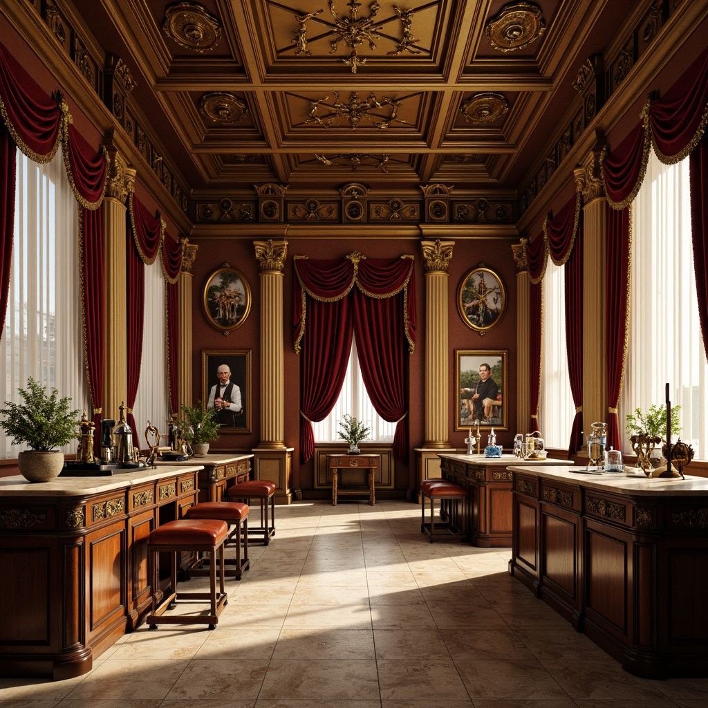 Prompt: Elegant laboratory, neoclassical architecture, ornate columns, carved wooden details, rich velvet drapes, polished marble countertops, antique scientific instruments, luxurious leather stools, refined metal fixtures, intricate moldings, sophisticated color palette, warm golden lighting, shallow depth of field, 2/3 composition, symmetrical framing, realistic textures, ambient occlusion.