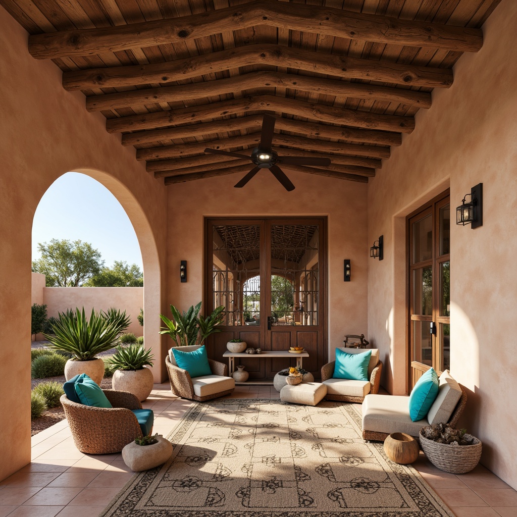 Prompt: Adobe-colored stucco walls, curved lines, ornate wooden doors, wrought iron details, rustic metal accents, earthy tone roofs, clay tile floors, vibrant turquoise accents, geometric patterned rugs, natural fiber textiles, reclaimed wood beams, exposed ductwork, industrial-style lighting fixtures, distressed wood shutters, desert botanicals, cacti, succulents, warm sandy tones, soft warm lighting, shallow depth of field, 3/4 composition, panoramic view, realistic textures, ambient occlusion.