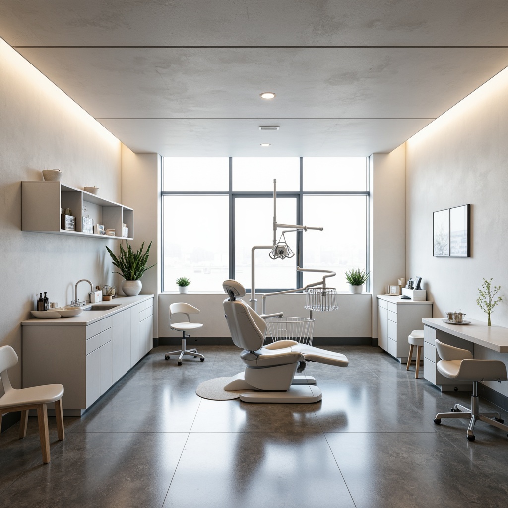 Prompt: \Sleek dental clinic, minimalist interior, clean lines, monochromatic color scheme, polished concrete floors, white walls, floor-to-ceiling windows, natural light, modern dental equipment, ergonomic chairs, stainless steel surfaces, subtle texture contrast, industrial-chic decor, geometric patterns, calming ambiance, soft warm lighting, shallow depth of field, 1/1 composition, realistic textures, ambient occlusion.\