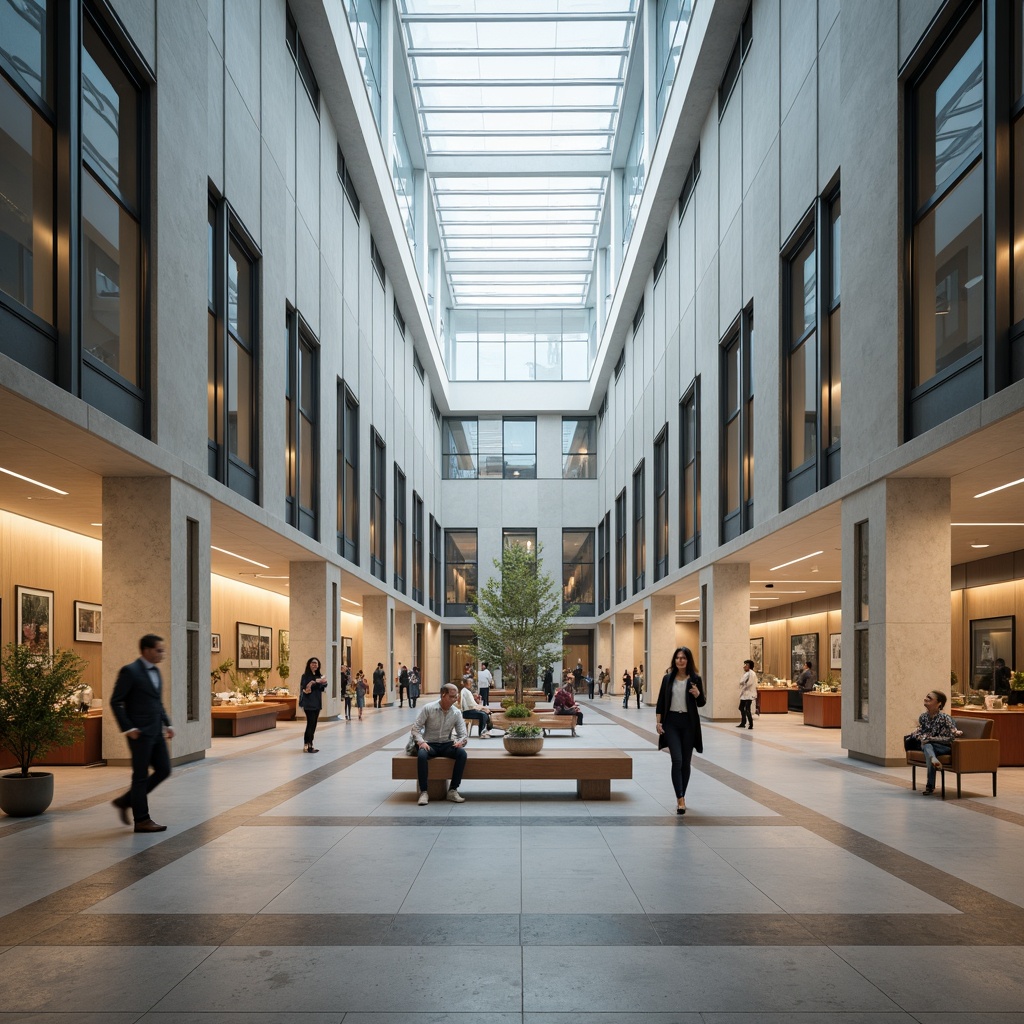 Prompt: Grand museum atrium, high ceilings, natural light pouring in, sleek modern architecture, open floor plan, interactive exhibits, minimalistic decor, polished marble floors, glass display cases, artifact spotlights, ambient soft lighting, shallow depth of field, 1/2 composition, symmetrical balance, realistic textures, subtle color palette, sophisticated interior design, comfortable seating areas, informative signage, visitor circulation routes, flexible exhibition spaces, adaptive reuse of historical buildings, innovative acoustic solutions, collaborative learning environments.