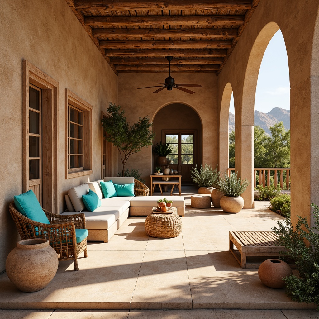 Prompt: Earthy adobe architecture, rustic wooden accents, natural stone walls, woven wicker furniture, vibrant turquoise decorations, bold geometric patterns, sandy beige floors, rough-hewn wood beams, clay pottery accessories, lush greenery, cactus plants, warm sunny day, soft warm lighting, shallow depth of field, 3/4 composition, panoramic view, realistic textures, ambient occlusion.