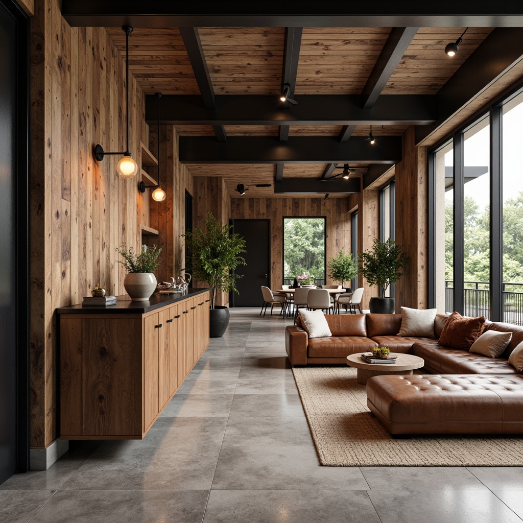 Prompt: Rustic wooden accents, reclaimed wood planks, industrial metal beams, polished concrete floors, matte black steel frames, warm bronze hardware, velvety soft upholstery, natural woven textiles, earthy ceramic tiles, glazed porcelain surfaces, distressed leather furnishings, rich walnut cabinetry, high-gloss epoxy coatings, subtle texture variations, realistic material simulations.