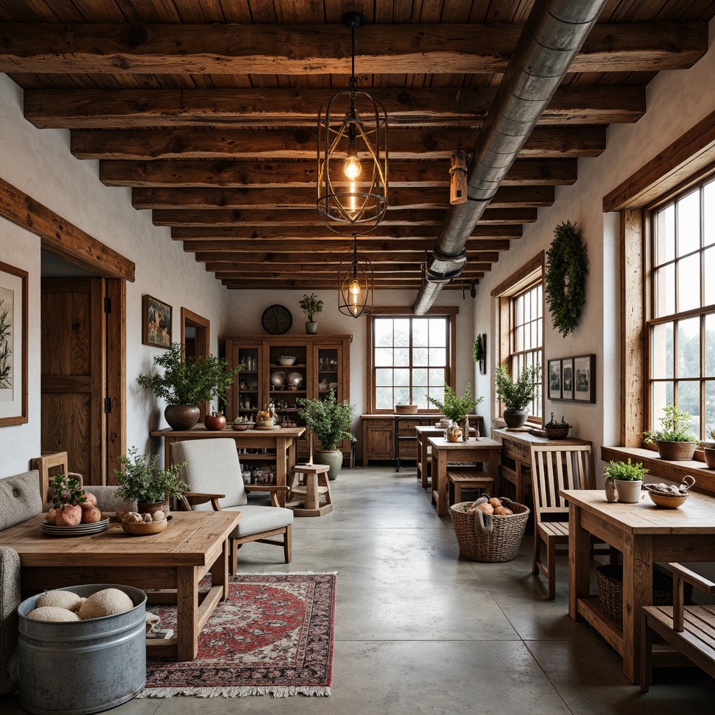 Prompt: Rustic farmhouse interior, distressed wooden beams, vintage metal accents, industrial pendant lights, exposed brick walls, concrete floors, reclaimed wood furniture, galvanized steel decorations, Edison bulb fixtures, earthy color palette, natural textiles, woven baskets, potted greenery, soft warm lighting, shallow depth of field, 1/1 composition, realistic metallic reflections, ambient occlusion.