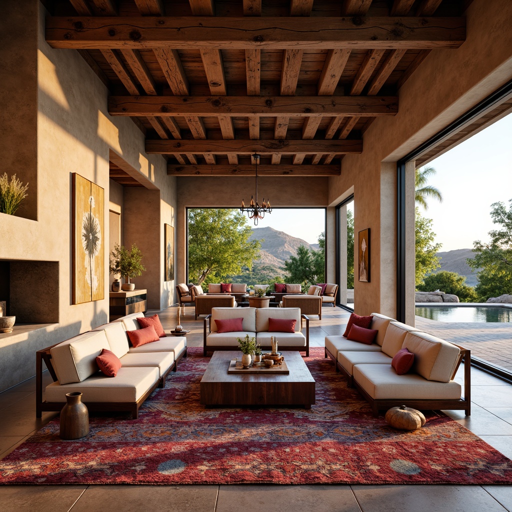 Prompt: Southwestern-style great room, open floor plan, high ceilings, wooden beams, earthy tones, natural stone walls, large windows, sliding glass doors, comfortable seating areas, plush furniture, vibrant colorful textiles, geometric patterned rugs, rustic wooden accents, modern lighting fixtures, warm ambient lighting, shallow depth of field, 1/1 composition, panoramic view, realistic textures, ambient occlusion.