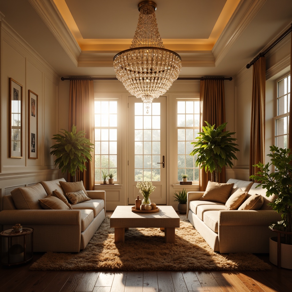 Prompt: Elegant chandelier, crystal droplets, warm golden glow, cozy living room, plush furniture, soft cream walls, rich wood flooring, floor-to-ceiling windows, natural daylight, dimmable LED lights, ambient shadows, 1/1 composition, shallow depth of field, realistic textures, warm color temperature, intimate atmosphere, relaxing ambiance.