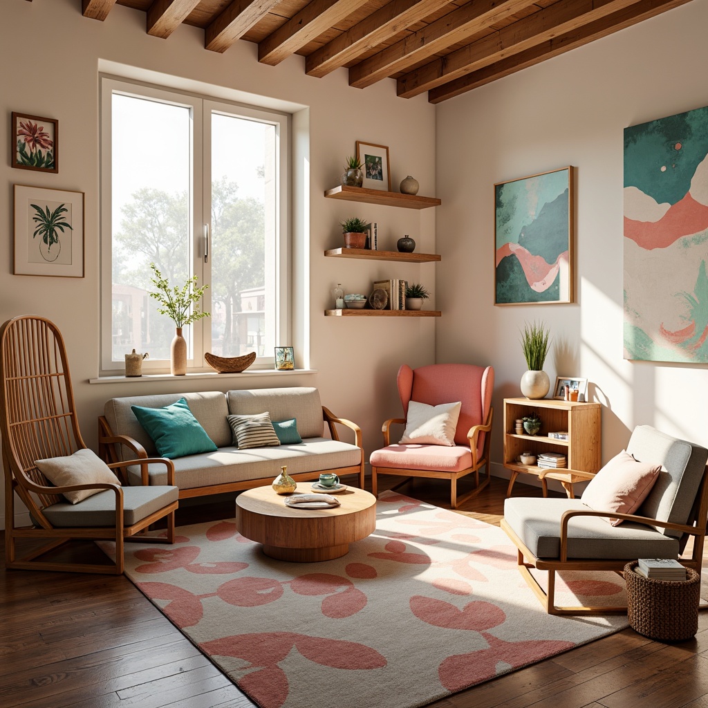 Prompt: Vibrant artistic studio, eclectic furniture, abstract artwork, pastel color scheme, soft peach tones, creamy whites, rich turquoise accents, natural wood textures, geometric patterns, eclectic rug designs, cozy reading nook, warm atmospheric lighting, shallow depth of field, 1/1 composition, realistic rendering, ambient occlusion.