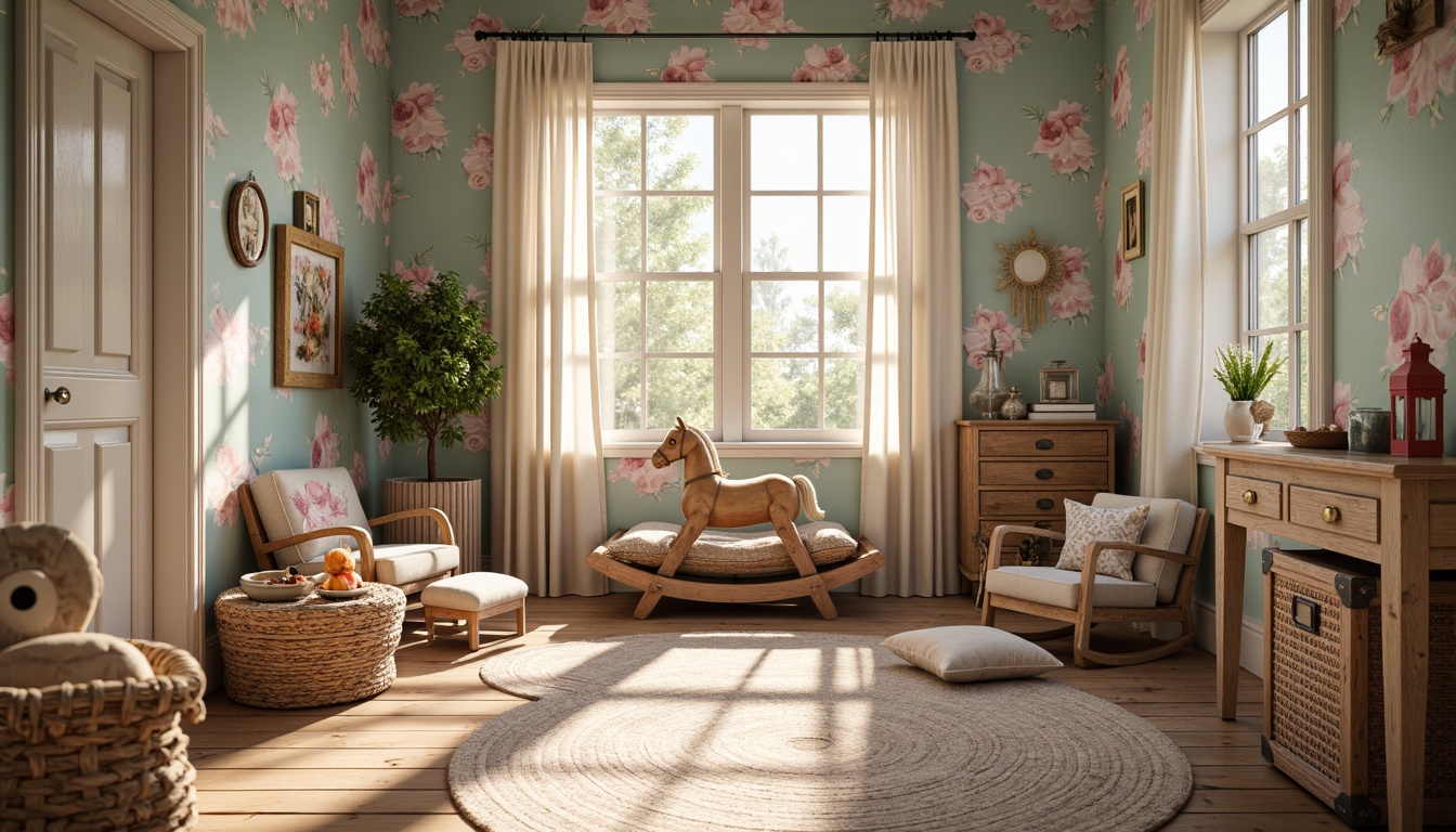 Prompt: Whimsical kids' room, vintage vernacular style, distressed wood furniture, pastel color palette, floral patterns, ruffled curtains, plush toys, wooden rocking horse, woven baskets, antique trunks, soft cushions, rustic lanterns, natural fiber rugs, sunny afternoon light, warm cozy atmosphere, shallow depth of field, 1/1 composition, realistic textures, ambient occlusion.