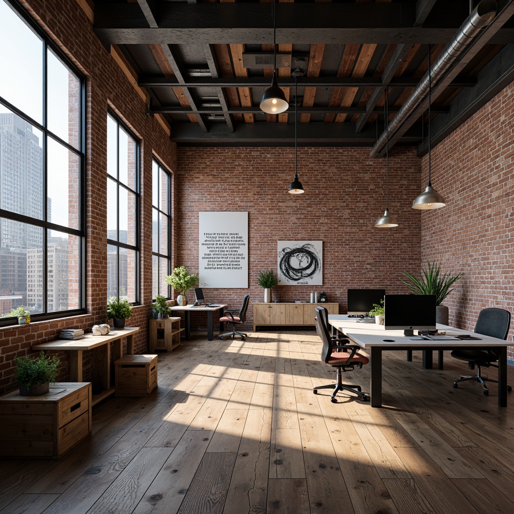 Prompt: Exposed brick walls, distressed wood flooring, industrial metal beams, reclaimed wooden crates, vintage factory lights, metal mesh partitions, ergonomic workstations, modern minimalist desks, sleek leather chairs, urban cityscape views, large windows, natural daylight, soft warm lighting, shallow depth of field, 3/4 composition, realistic textures, ambient occlusion, academic inspirational quotes, motivational posters, educational diagrams, abstract artwork, eclectic decorative accents.