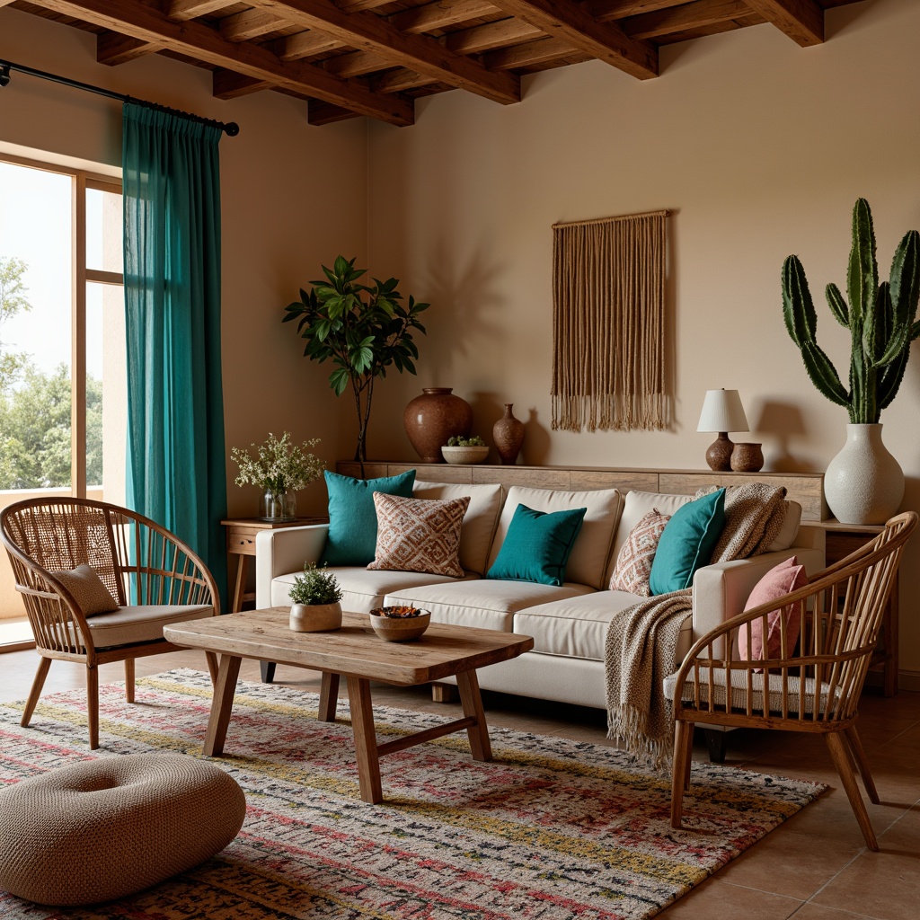 Prompt: Vibrant turquoise accents, rustic wooden furniture, woven Native American patterned rugs, earthy terracotta pottery, natural fiber textiles, warm beige walls, plush desert-inspired throw pillows, hand-carved wooden decorative accents, distressed leather armchairs, woven wicker storage baskets, geometric patterned fabrics, ambient warm lighting, soft focus photography, 1/1 composition, realistic textures, cozy atmosphere.