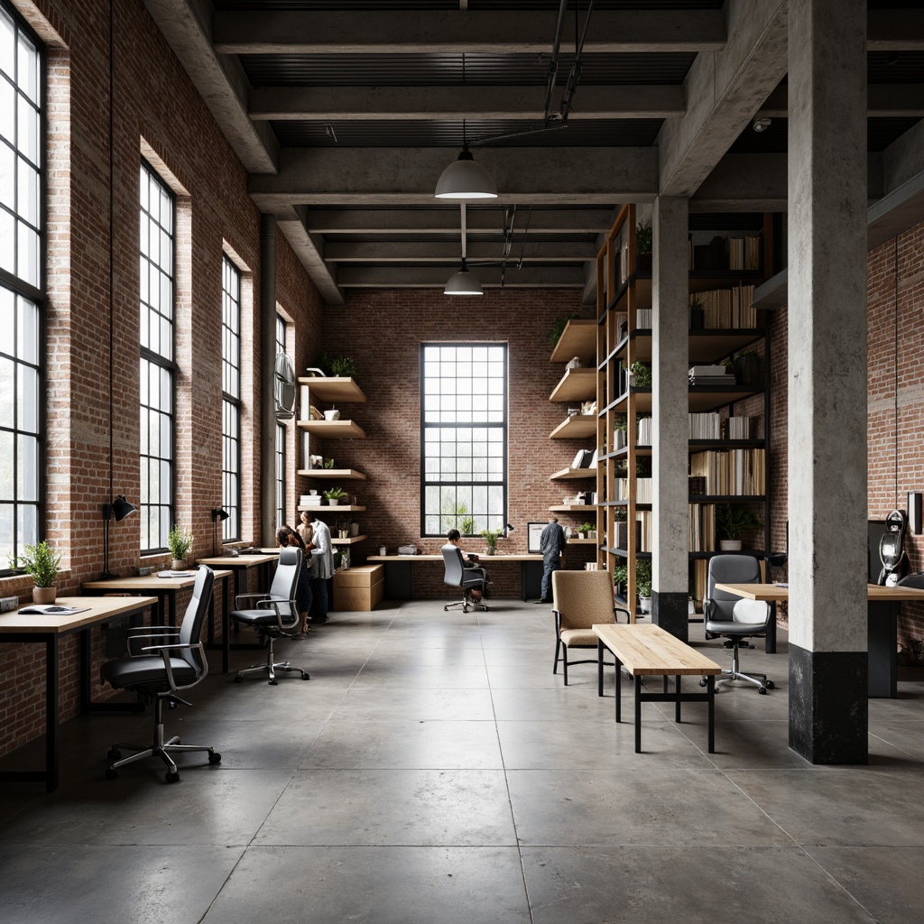 Prompt: Industrial factory setting, exposed brick walls, polished concrete floors, minimalist aesthetic, functional furniture, reclaimed wood accents, metal framework, sleek lines, geometric shapes, monochromatic color scheme, soft natural lighting, industrial chic decor, vintage manufacturing equipment, modern ergonomic chairs, adjustable desk lamps, modular shelving units, raw concrete columns, open floor plan, neutral tone palette, subtle texture contrast, 1/1 composition, softbox lighting, realistic material reflections.