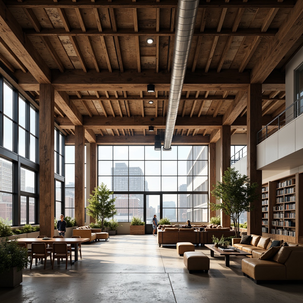 Prompt: Rustic wooden beams, industrial chic aesthetic, open-plan layout, high ceilings, exposed ductwork, concrete floors, reclaimed wood accents, modern minimalist furniture, floor-to-ceiling windows, natural light pouring in, urban cityscape views, cozy reading nooks, built-in bookshelves, warm task lighting, 1/1 composition, soft focus blur, realistic textures, atmospheric fog effect.