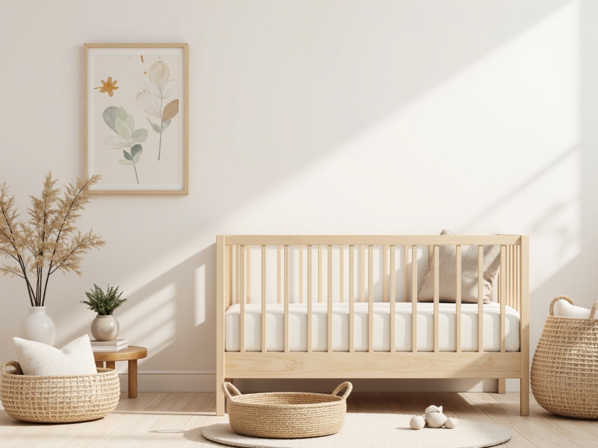 Prompt: Soft pastel colors, gentle curves, minimalist crib, simple wooden furniture, natural textiles, woven baskets, creamy whites, subtle patterns, delicate mobiles, tender lighting, warm beige tones, organic shapes, handmade decorations, nursery rhyme illustrations, soft focus, shallow depth of field, 1/1 composition, calming atmosphere, serene ambiance.