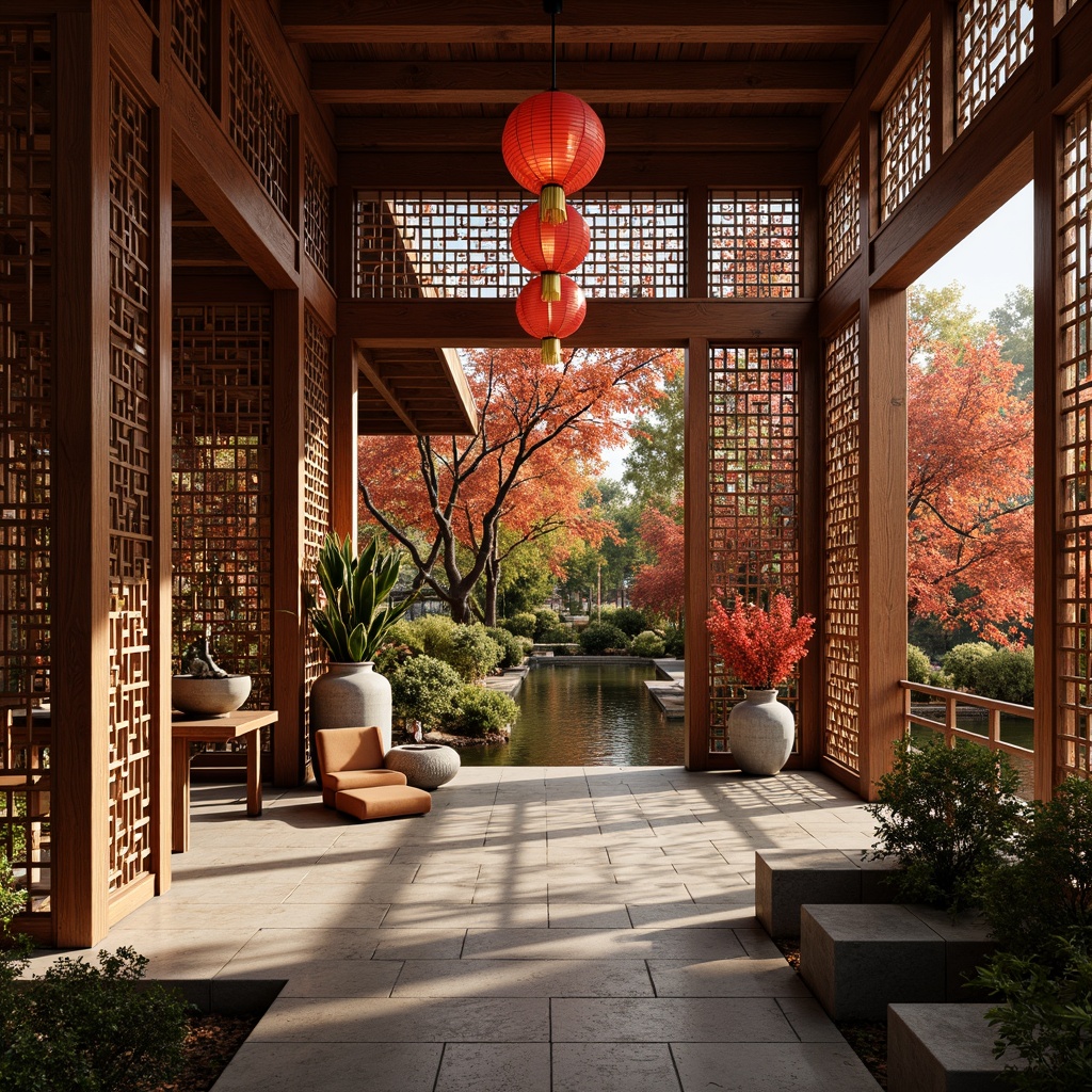 Prompt: Intricate oriental patterns, ornate wooden carvings, delicate silk fabrics, vibrant red lanterns, majestic golden dragons, serene bamboo forests, tranquil water features, peaceful stone gardens, rustic wooden accents, elegant ceramic vases, exotic floral arrangements, soft warm lighting, shallow depth of field, 3/4 composition, panoramic view, realistic textures, ambient occlusion.