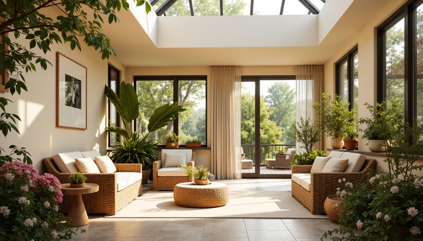 Prompt: Vibrant sunroom, warm natural light, bright skylight, lush greenery, blooming flowers, comfortable wicker furniture, soft plush cushions, calming beige walls, soothing pastel colors, rich wood accents, natural stone floors, modern minimalist decor, airy feel, panoramic views, sliding glass doors, serene atmosphere, gentle breezy days, warm golden lighting, 1/1 composition, realistic textures.