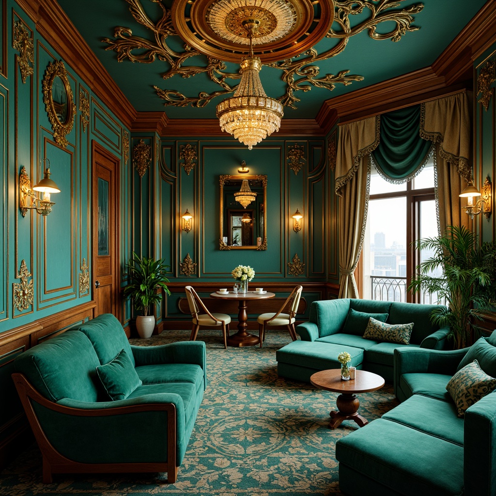 Prompt: Opulent Art Nouveau interior, rich jewel tones, emerald green walls, turquoise accents, gold leaf details, intricate wooden moldings, sinuous lines, flowing organic forms, luxurious velvet fabrics, ornate metalwork, crystal chandeliers, soft warm lighting, shallow depth of field, 1/2 composition, intimate atmosphere, realistic textures, ambient occlusion.