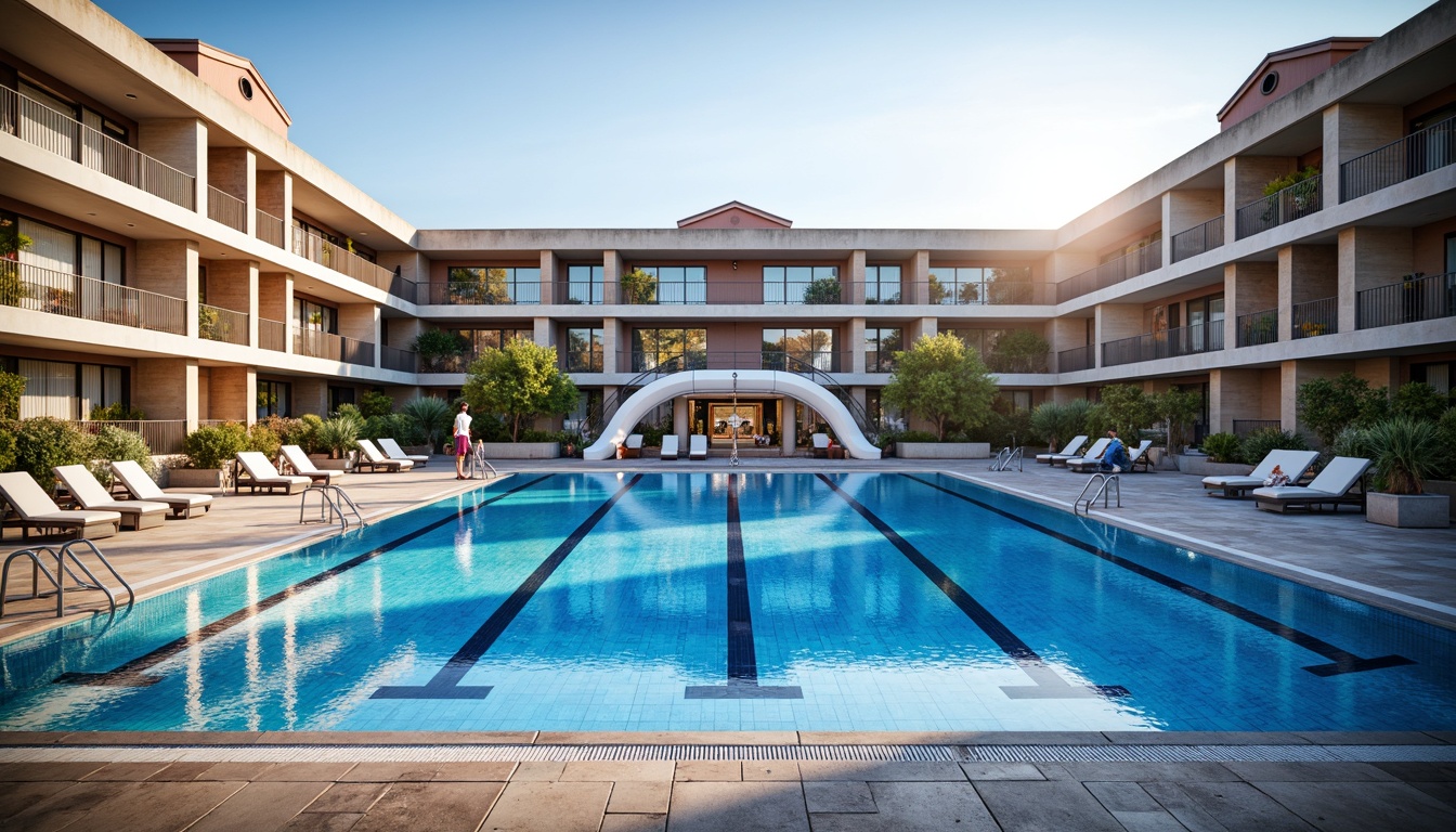 Prompt: Majestic swimming pool, academic architectural style, grandstand seating, lap lanes, diving boards, water slides, pool deck flooring, ceramic tiles, mosaic patterns, blue and white color scheme, natural stone coping, stainless steel railings, modern lighting fixtures, afternoon sunlight, soft warm glow, shallow depth of field, 1/1 composition, symmetrical framing, realistic reflections, ambient occlusion.