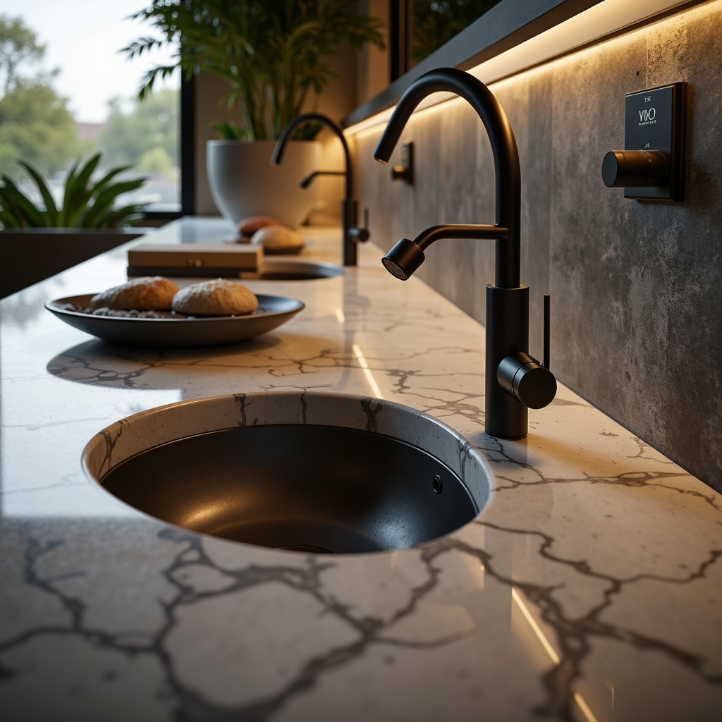 Prompt: Glossy modern sink, sleek faucet designs, stainless steel materials, matte black finishes, LED lighting accents, futuristic curves, minimalist aesthetic, wall-mounted installations, spacious countertops, polished marble surfaces, botanical patterns, natural stone textures, ambient warm lighting, shallow depth of field, 1/1 composition, realistic reflections.