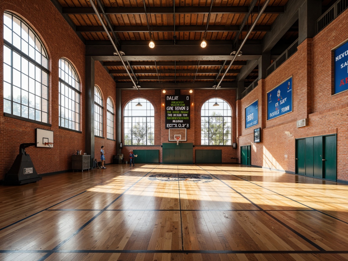 Prompt: Rustic gymnasium interior, exposed brick walls, industrial-chic aesthetic, polished wooden floors, metallic beams, large windows, natural light, athletic equipment, basketball hoops, scoreboard, vibrant team colors, motivational quotes, rustic wood accents, distressed finishes, urban loft atmosphere, high ceilings, dramatic lighting, 1/2 composition, soft focus, realistic textures.