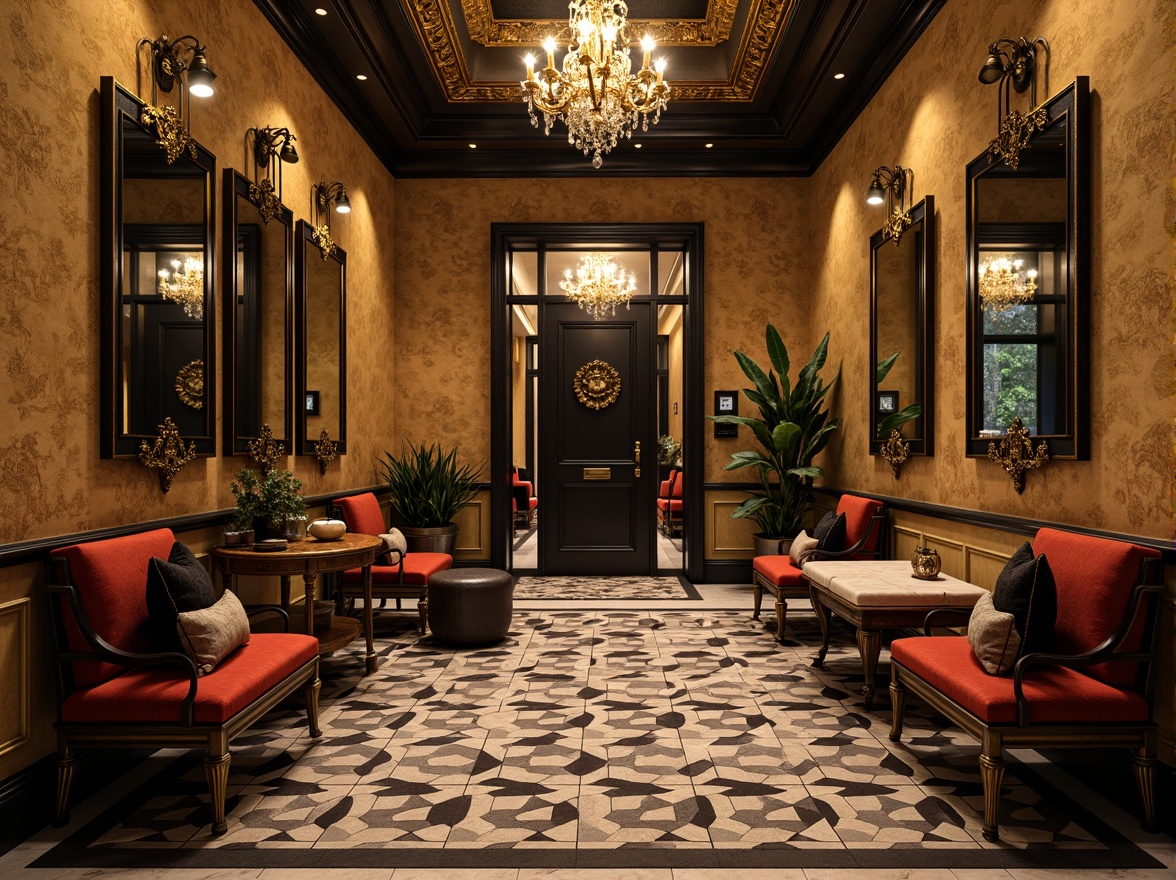 Prompt: Richly ornamented mudroom, luxurious velvet upholstery, metallic bronze accents, ornate mirrors, hexagonal tile flooring, warm beige walls, rich walnut woodwork, geometric patterned rugs, lavish chandeliers, bold black and gold color scheme, Art Deco inspired metalwork, opulent textures, dramatic shadows, high-contrast lighting, 1/1 composition, cinematic framing, atmospheric depth of field.