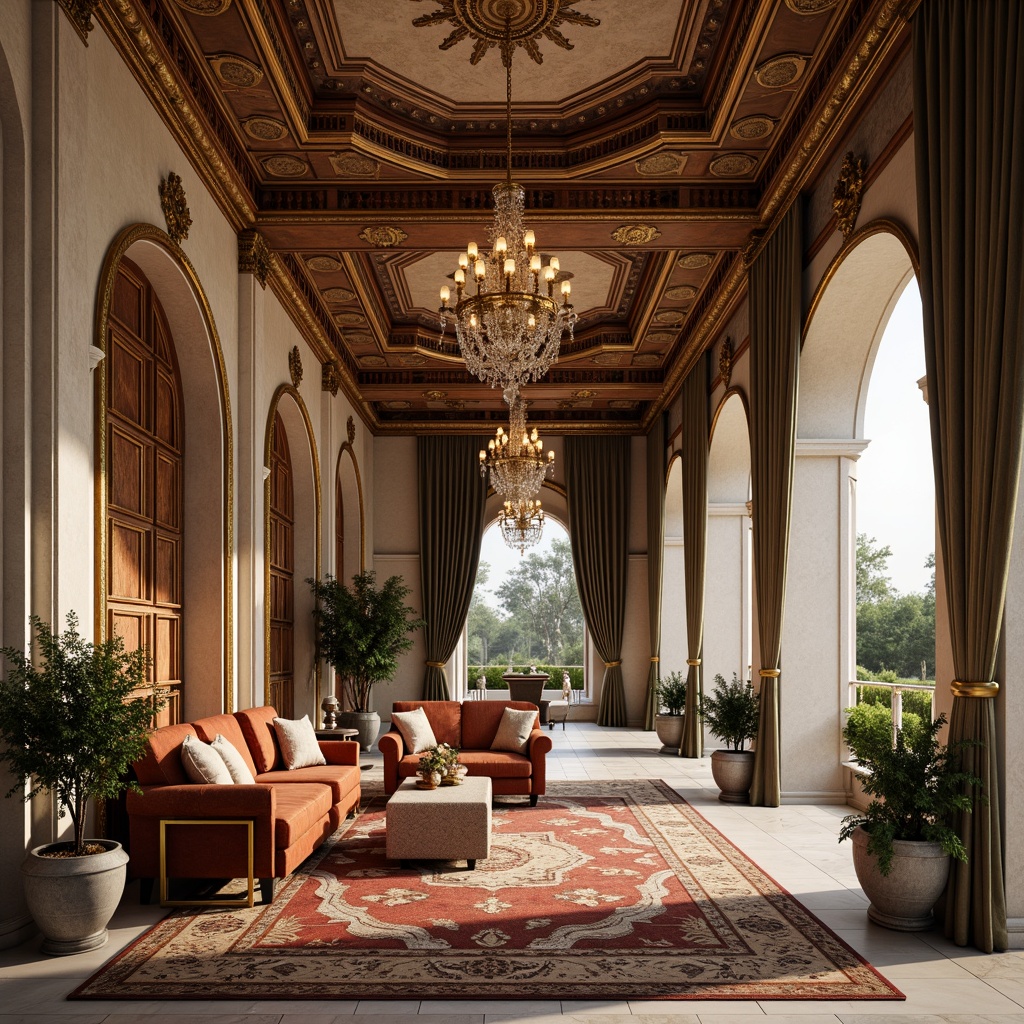 Prompt: Elegant pavilion interior, classicism style, ornate furnishings, velvet upholstery, golden accents, carved wooden panels, crystal chandeliers, plush area rugs, luxurious fabrics, intricate patterns, neoclassical columns, grandiose archways, refined color palette, warm soft lighting, high ceilings, marble floors, sophisticated ambiance, 1/1 composition, realistic textures, subtle shading.