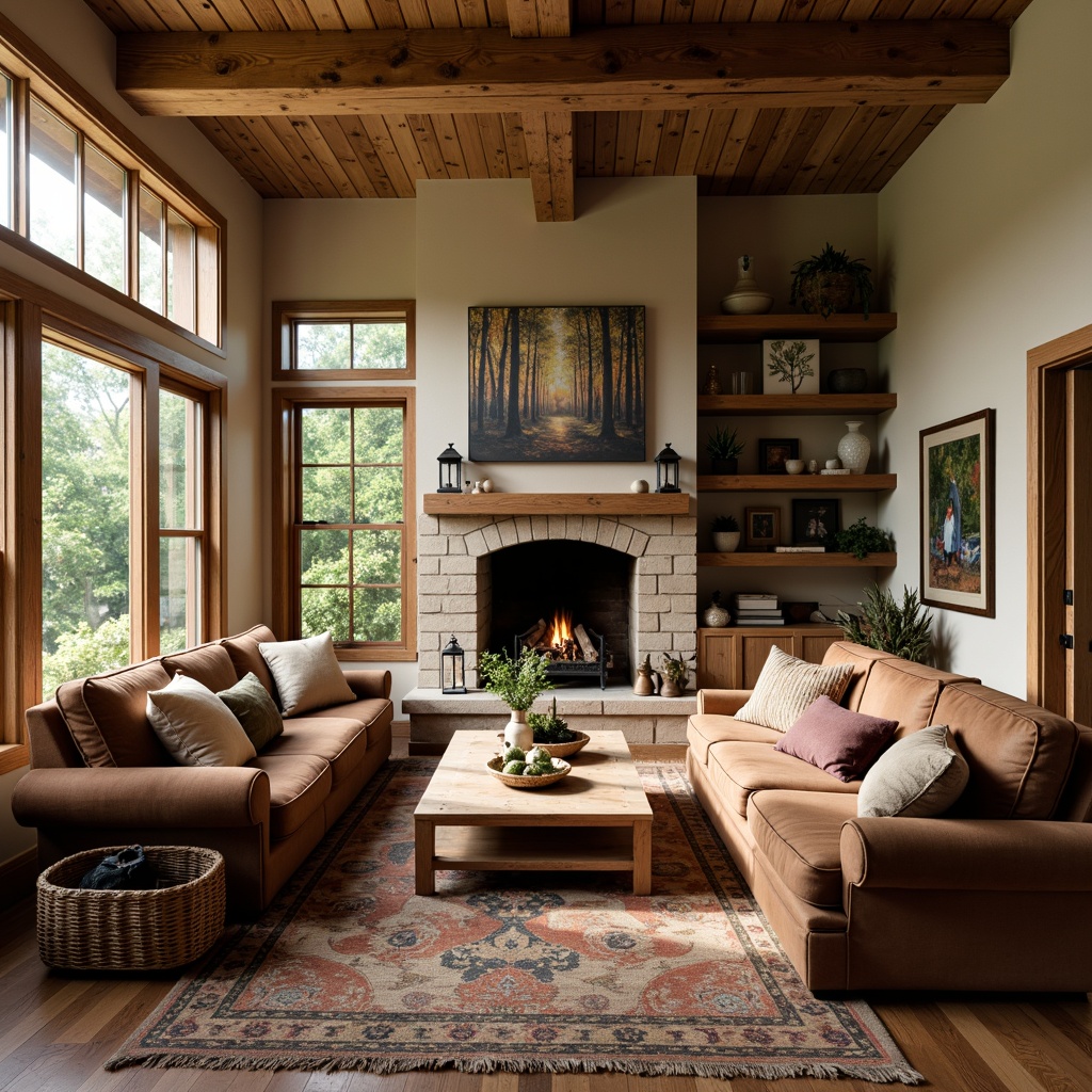 Prompt: Cozy rustic family room, distressed wood furniture, plush velvet sofas, vintage armchairs, natural stone fireplace, wooden coffee tables, woven wicker baskets, earthy tone rugs, soft warm lighting, comfortable throw pillows, nature-inspired artwork, wooden wall shelves, antique metal lanterns, rich leather upholstery, warm beige walls, wooden ceiling beams, soft fabric drapes, serene forest view, morning sunlight, shallow depth of field, 2/3 composition.